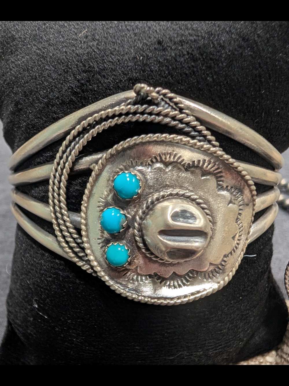 Bobby Plattero Navajo Handmade Sterling Silver Kingman Turquoise Cowboy Hat Set - Picture 2 of 3